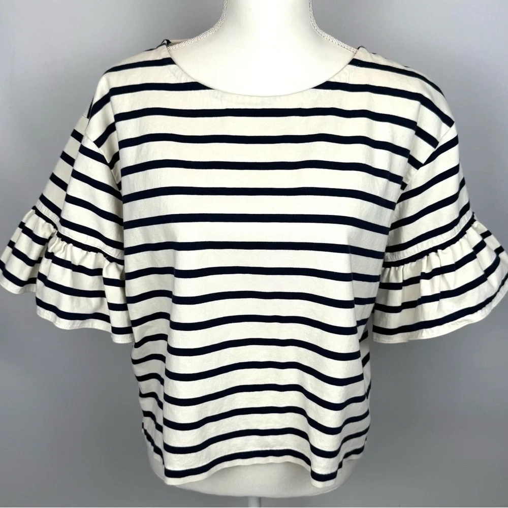 J. Crew Ruffle Sleeves Top Black Cream Stripes Short Sleeves Cotton Large French